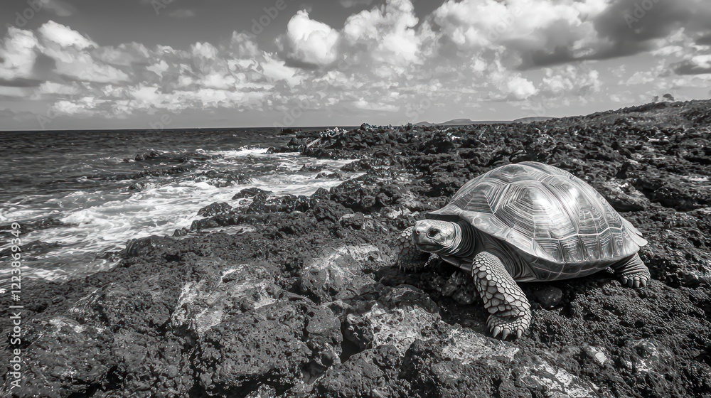 A young Galapagos tortoise exploring the rocky terrain near the coast, surrounded by volcanic rocks.
