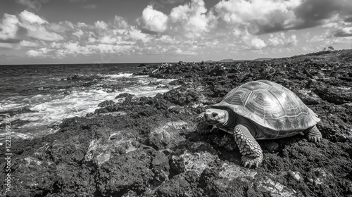 Obraz na płótnie A young Galapagos tortoise exploring the rocky terrain near the coast, surrounded by volcanic rocks.