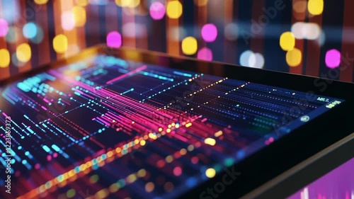 Wallpaper Mural Colorful data streams flowing across a futuristic screen, creating a dynamic visualization of information against a backdrop of blurred city lights at night Torontodigital.ca