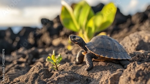 A young Galapagos tortoise exploring the rocky terrain near the coast, surrounded by volcanic rocks.
