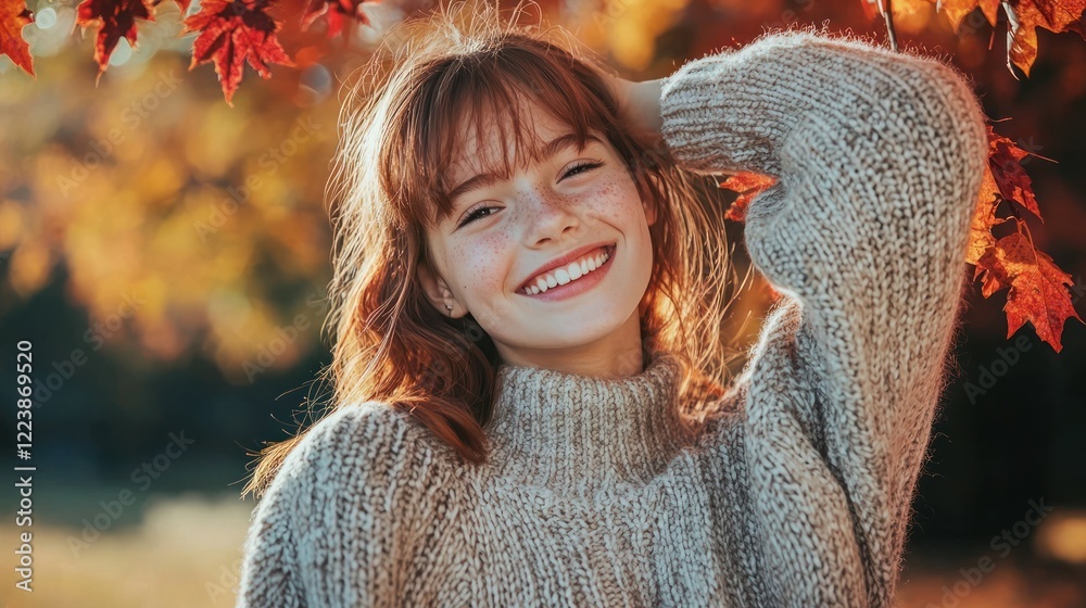 A young girl smiling while wearing a cozy knit sweater on a chilly autumn day.
