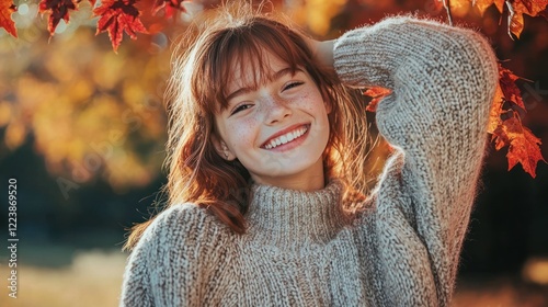 Obraz na płótnie A young girl smiling while wearing a cozy knit sweater on a chilly autumn day.