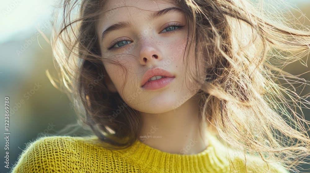 Close-up of a girl in a bright sweater, posing outdoors with a gentle breeze in her hair.