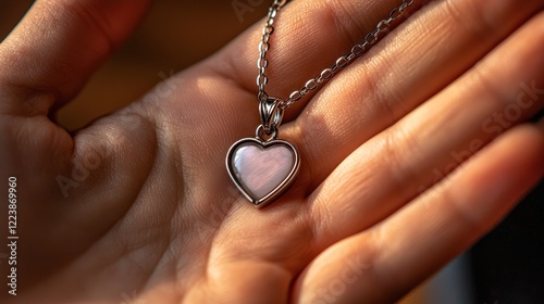 Close-up of a heart-shaped pendant held gently in someone's hands, symbolizing gratitude.