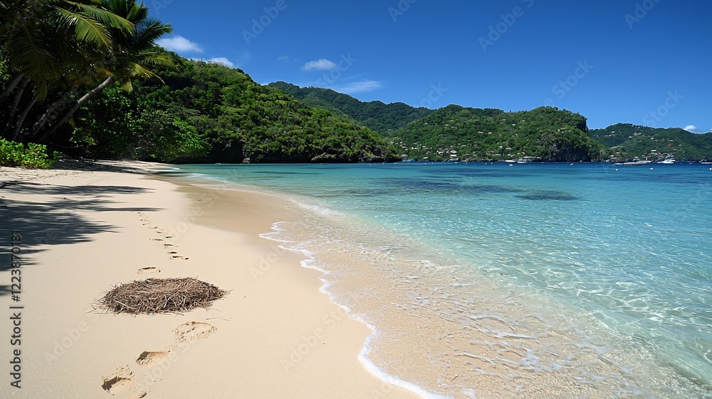 Fototapeta premium Secluded tropical beach with footprints in the sand, clear turquoise water, and lush green hills.