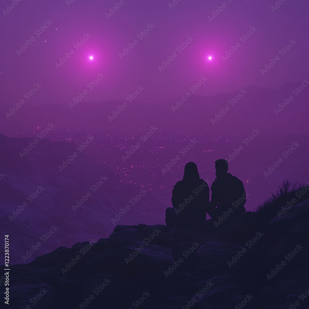Partners sharing a quiet moment on a purple-hued hill scenic viewpoint emotional connection tranquil environment Partners sharing a quiet moment on a purple-hued hill scenic viewpoint emotional connection tranquil environment