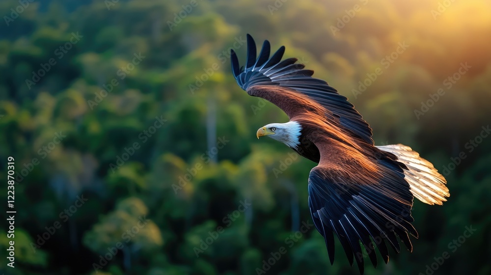 Fototapeta premium Majestic African Fish Eagle in Flight over Lush Green Forest