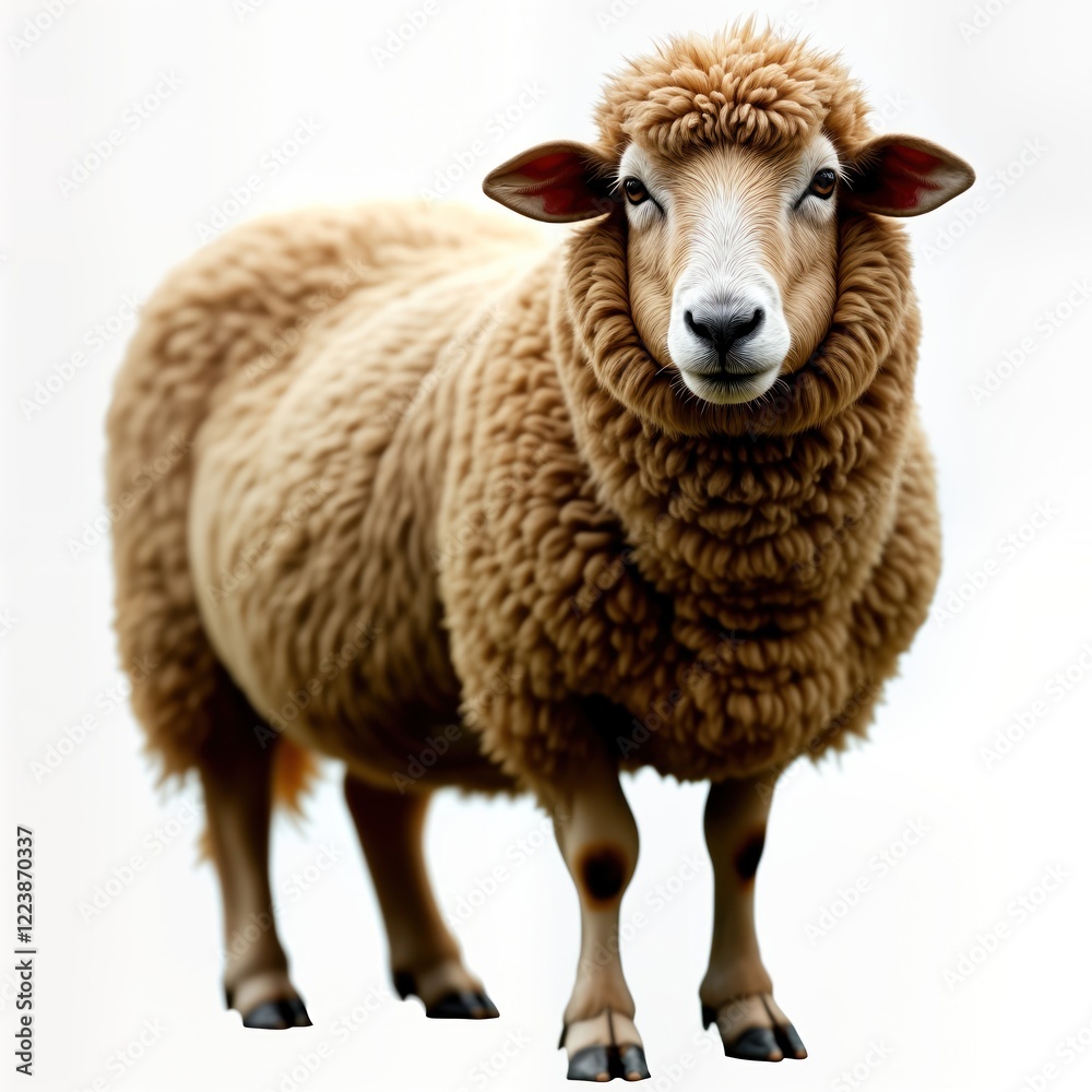 Brown sheep stands isolated on white background. Animal faces directly at viewer. Fluffy fur detailed. Farm animal wildlife subject. Cute, beautiful farm animal. Image suitable for agriculture animal