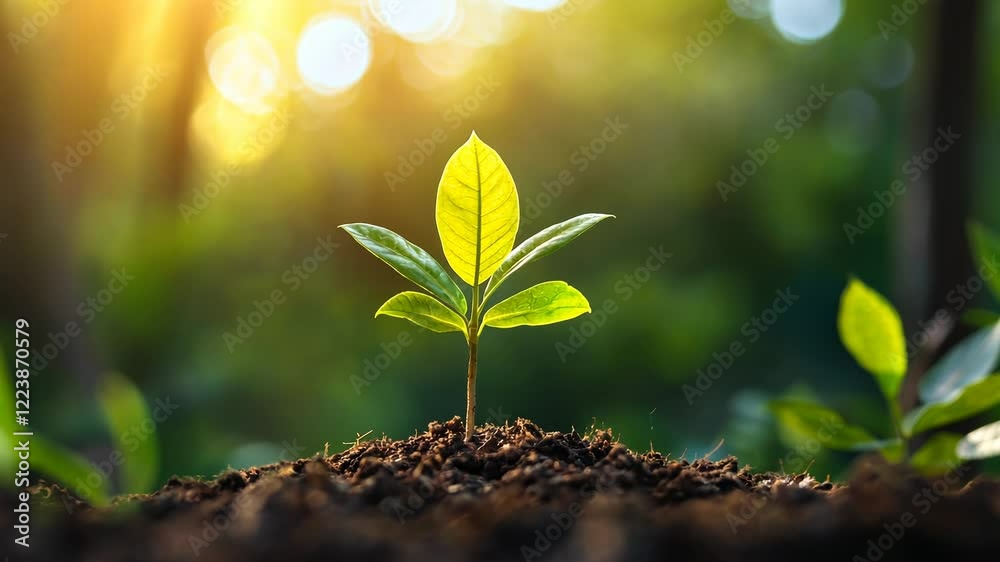A single green sprout growing out of the ground with sunlight in the background.