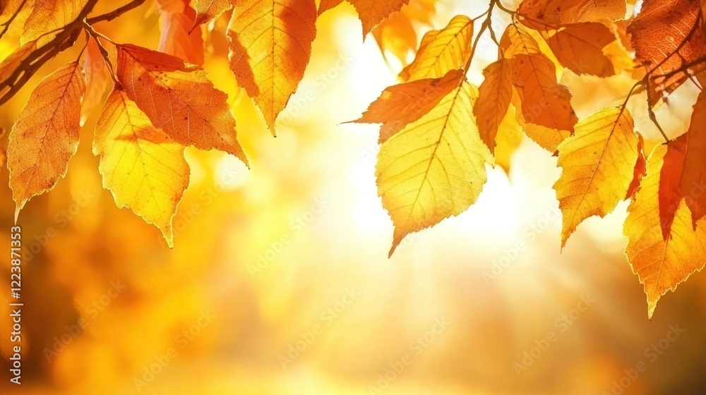 Close-up of golden autumn leaves hanging from branches, bathed in soft, warm sunlight.
