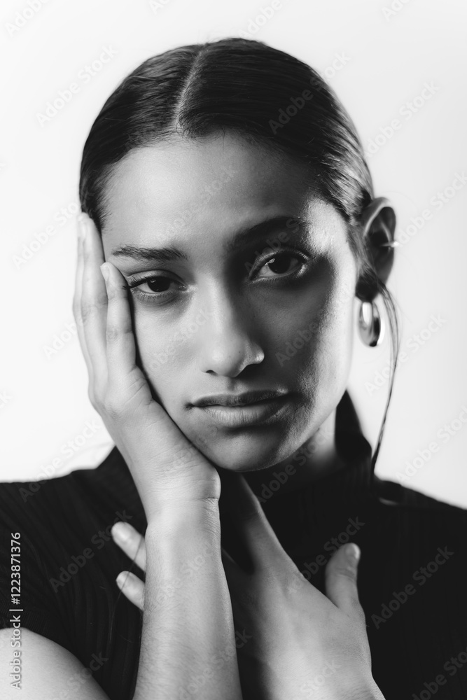 Black and white portrait of a young woman with a contemplative expression Black and white portrait of a young woman with a contemplative expression