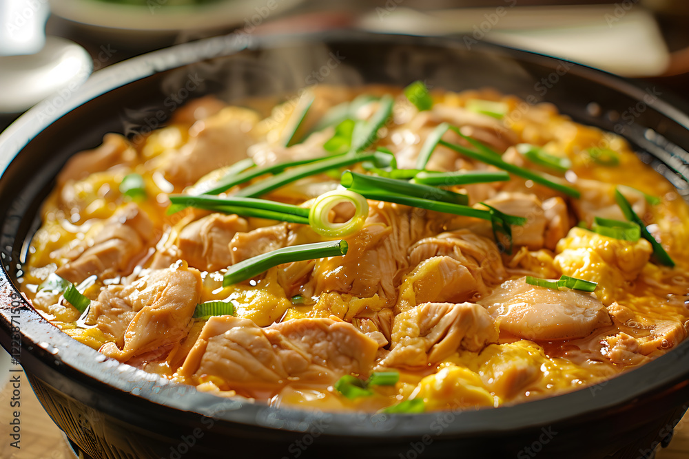 Authentic Simmering Oyakodon in Traditional Japanese Donburi Pan: A Glimpse into Cultural Cuisine Authentic Simmering Oyakodon in Traditional Japanese Donburi Pan: A Glimpse into Cultural Cuisine
