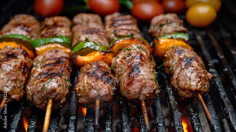 Close-up of juicy grilled meat skewers with vegetables on a BBQ grill