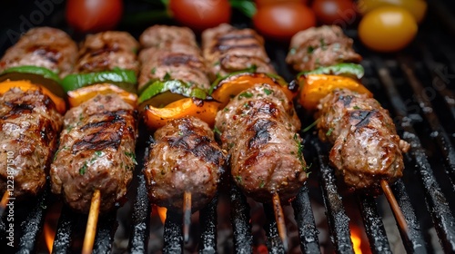Obraz na płótnie Close-up of juicy grilled meat skewers with vegetables on a BBQ grill w salonie