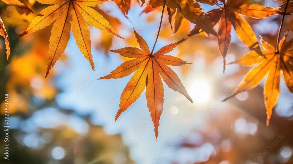 Close-up of vibrant golden autumn leaves on tree branches, gently swaying in the breeze.