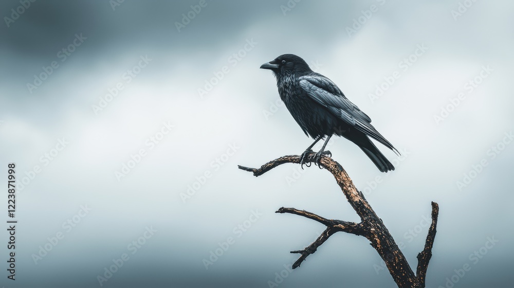Black crow perching on a bare branch against a dramatic cloudy sky Black crow perching on a bare branch against a dramatic cloudy sky