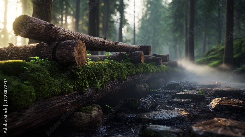 Misty Forest Path with Mossy Logs Misty Forest Path with Mossy Logs