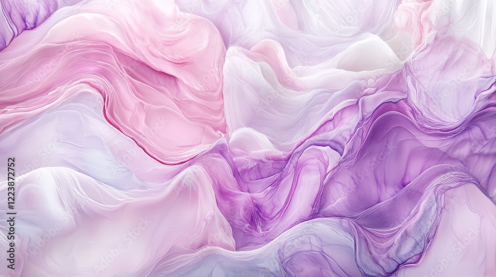 Fototapeta premium Abstract waves of pastel pink and lavender gently flowing, creating a soothing and harmonious visual on a clean white background.