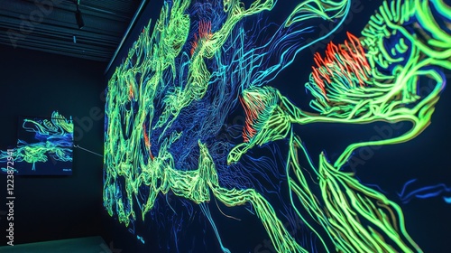 Glow-in-the-dark paint illuminating a dark wall with abstract patterns and shapes.