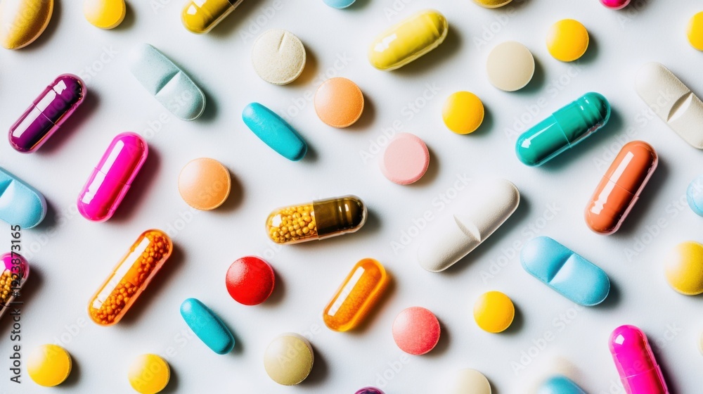 A vibrant close-up of various colorful vitamins and supplements arranged in a pattern on a white surface, Practical style, photo of A vibrant close-up of various colorful vitamins and supplements arranged in a pattern on a white surface, Practical style, photo of