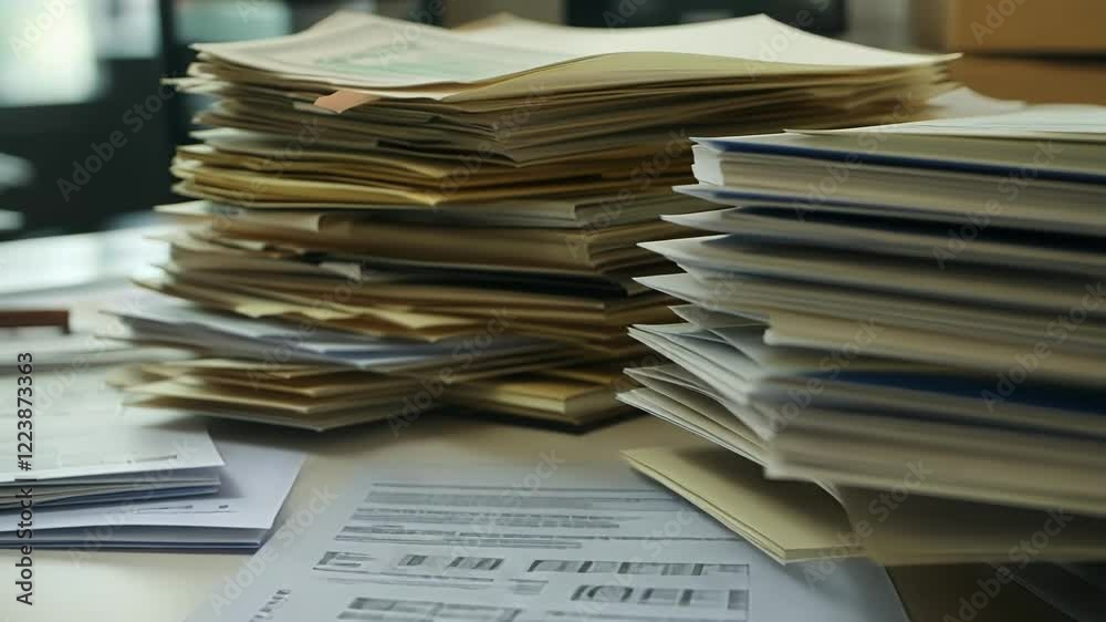 Large piles of vintage paper documents cluttering a desk, illustrating an overflowing archive and the complexities of bureaucratic processes in an office environment