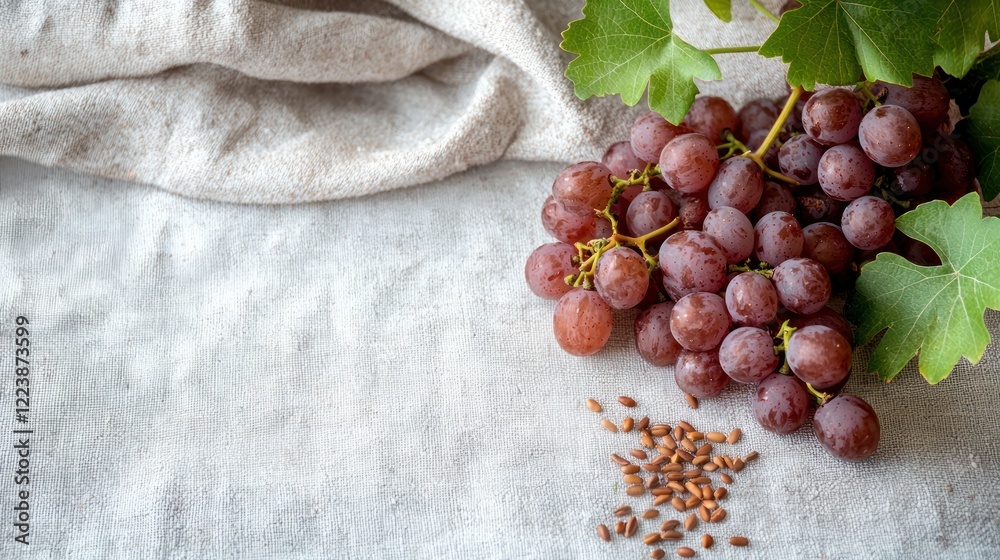 Grape seeds scattered on a soft, natural surface with a few whole grapes beside them.