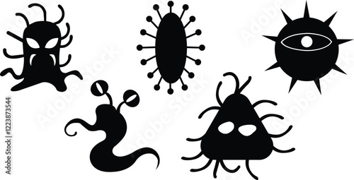 Germs  icons set, Bacteria, virus silhouette, Infectious insects collection 