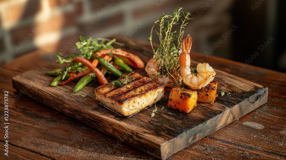Grilled shrimp and fish served on a wooden board, accompanied by a side of fresh vegetables.