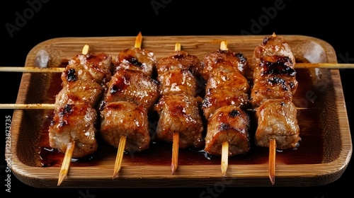 Obraz na płótnie Golden-brown grilled meat skewers served on a wooden platter w salonie