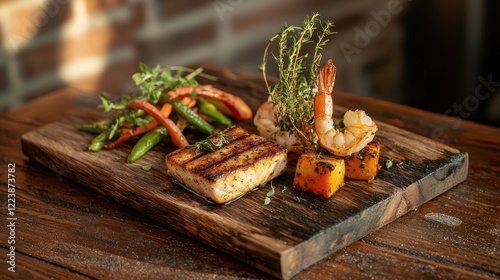 Obraz na płótnie Grilled shrimp and fish served on a wooden board, accompanied by a side of fresh vegetables.