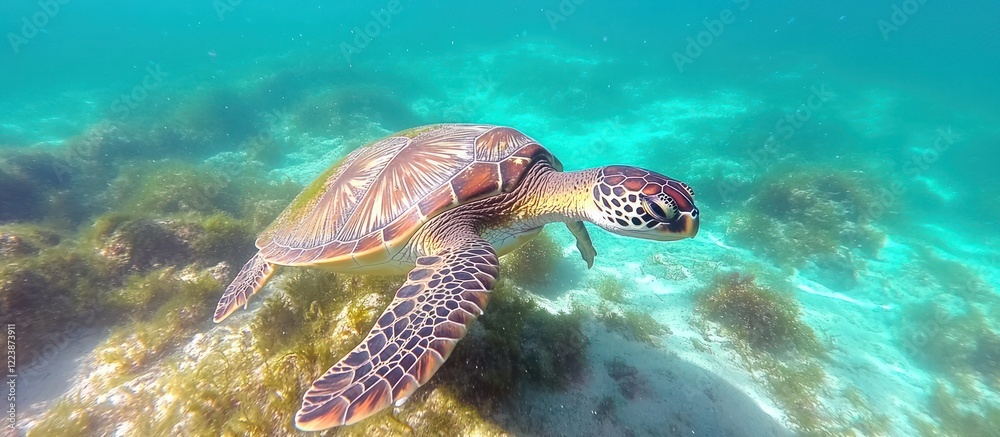 Fototapeta premium Sea turtle swimming in clear ocean water over sandy bottom with seaweed.