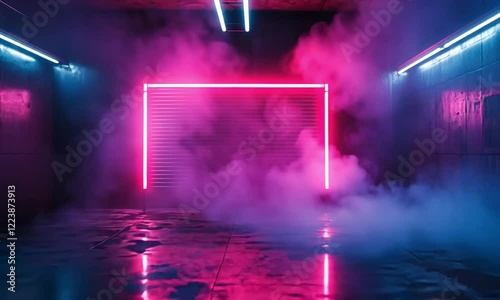 Pink and Blue Neon Lights in Dark Industrial Garage with Smoke