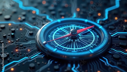 Wallpaper Mural Futuristic digital compass sits on tech circuit board. High-tech navigation instrument highlights integration of modern technology. Advanced display glows with blue lights on dark circuit. Innovative Torontodigital.ca