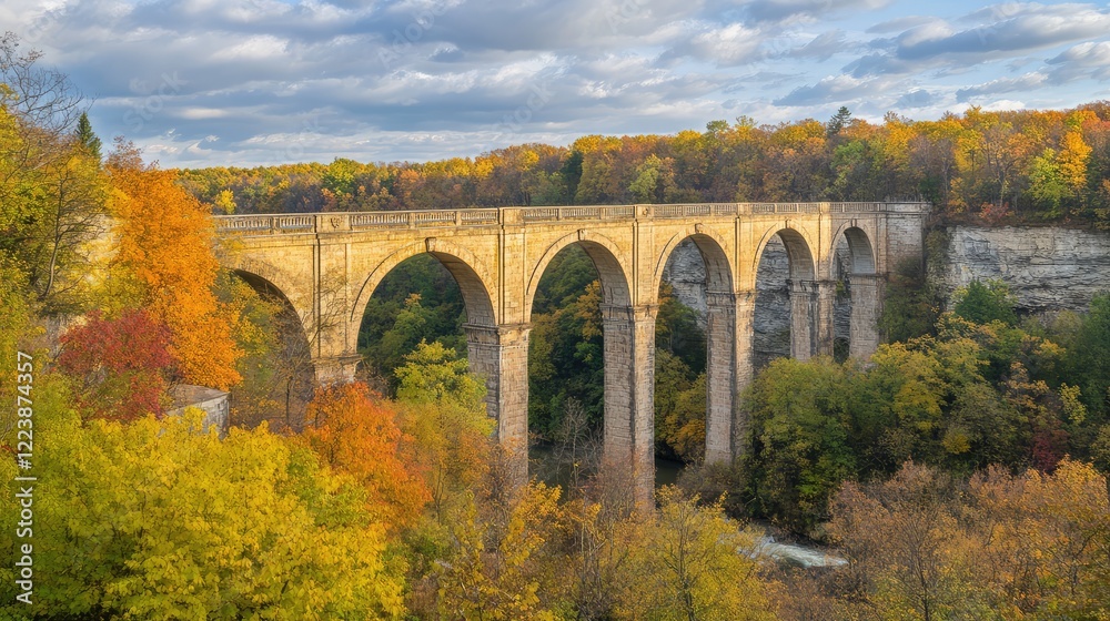 A historic bridge made of stone arches crossing a river with vibrant fall foliage framing the view. A historic bridge made of stone arches crossing a river with vibrant fall foliage framing the view.