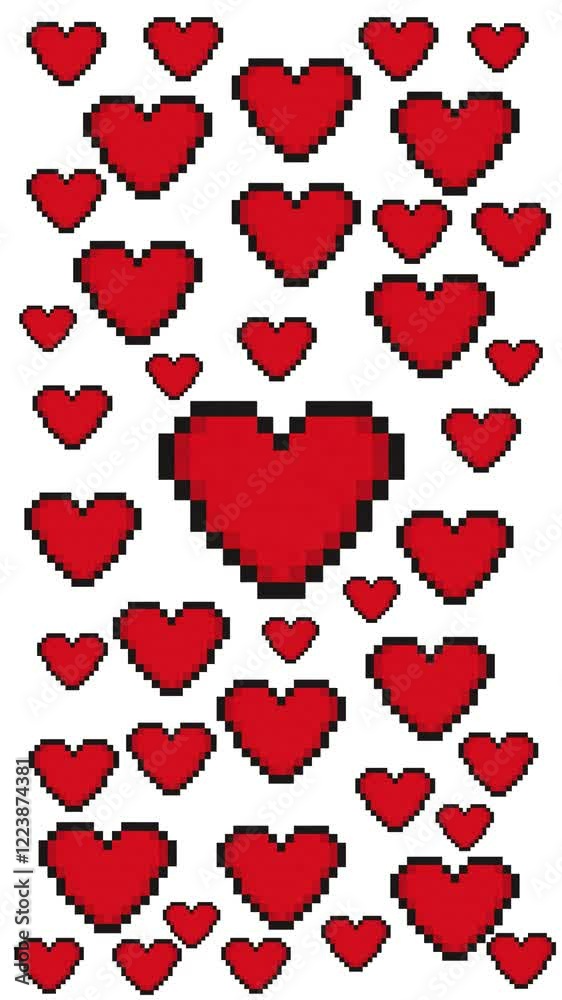 A vibrant and playful video showcasing a seamless pattern of pixelated red hearts against a white background. The hearts vary in size and position, creating a dynamic and visually appealing animation.