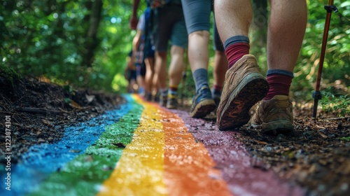 A LGBTQ hiking group enjoying a rainbow-colored trail.