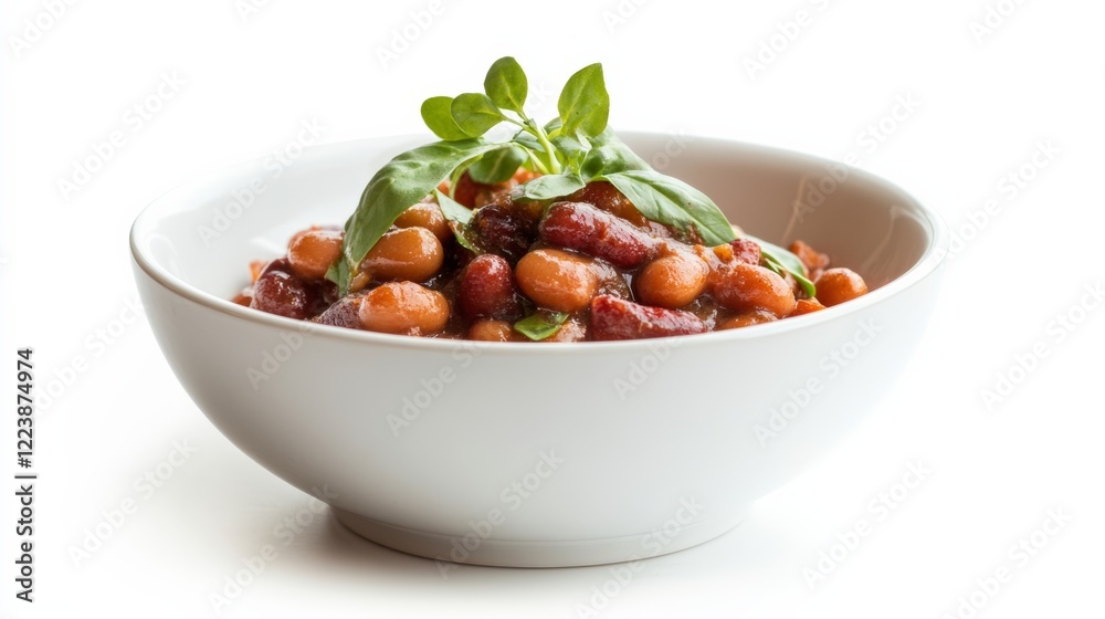 Baked beans with a smoky flavor, served in a white bowl, isolated, Baked beans with a smoky flavor, served in a white bowl, isolated,