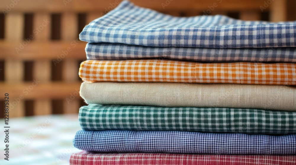 Stack of neatly pressed gingham fabric squares in a variety of colors.
