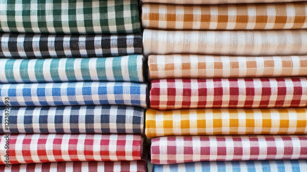 Stack of neatly pressed gingham fabric squares in a variety of colors.