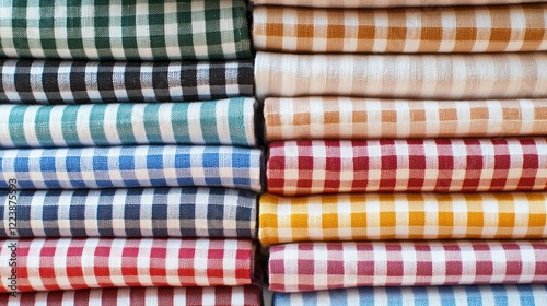 Obraz na płótnie Stack of neatly pressed gingham fabric squares in a variety of colors. w salonie