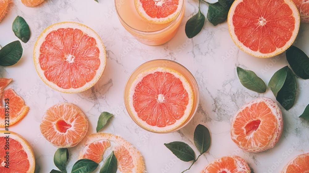 Two glasses of vibrant grapefruit juice surrounded by fresh grapefruit slices