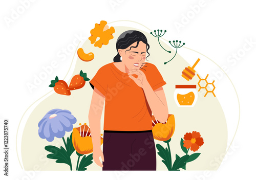 Woman sneezing surrounded by flowers, honey, and fruits on a light background. Concept of seasonal allergies and natural remedies. Vector illustration