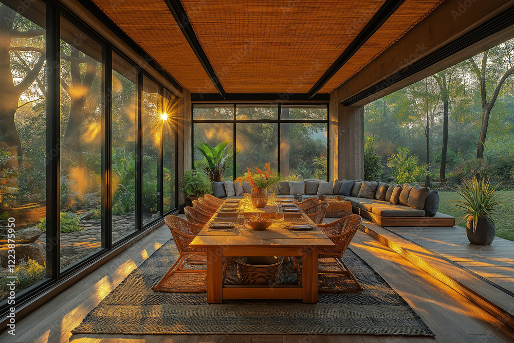 A Sunroom Designed for Dining Featuring a Large Table and Comfortable Seating A Sunroom Designed for Dining Featuring a Large Table and Comfortable Seating