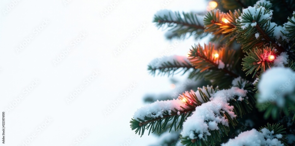 Snowy tree with six Christmas lights on white, branches, evergreen Snowy tree with six Christmas lights on white, branches, evergreen
