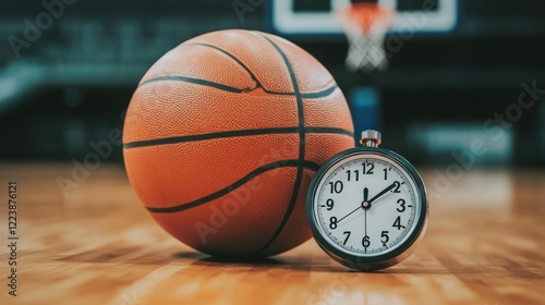 Basketball Game Time: A Close-Up of a Basketball and Stopwatch on a Court