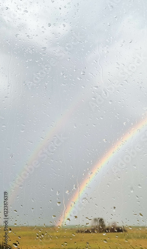 A rainbow outside the window on a sunny rainy day. The weather forecast. Raindrops on surface of window pane and view of landscape, fields, meadows. Grey blue dramatic sky and yellow meadow. Raining.