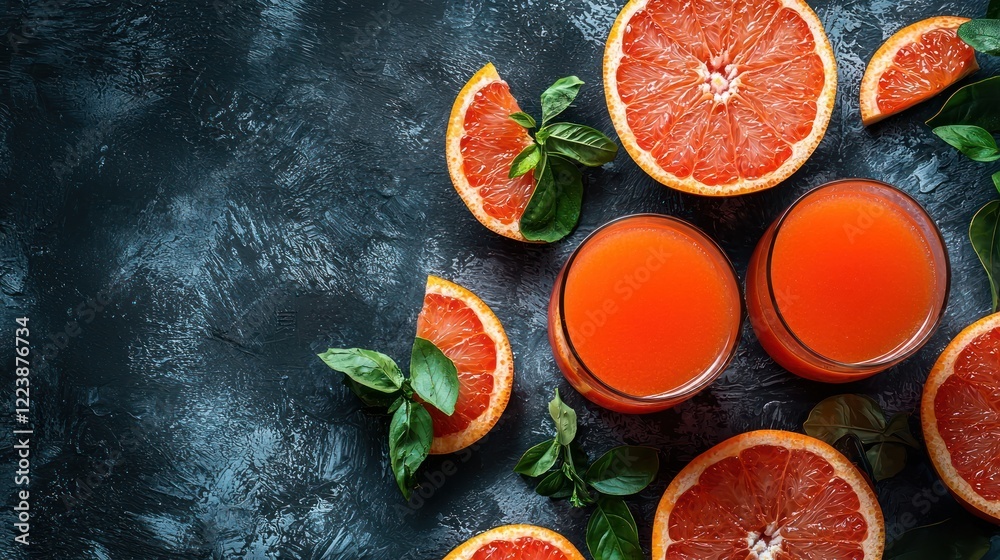 Two glasses of vibrant grapefruit juice surrounded by fresh grapefruit slices