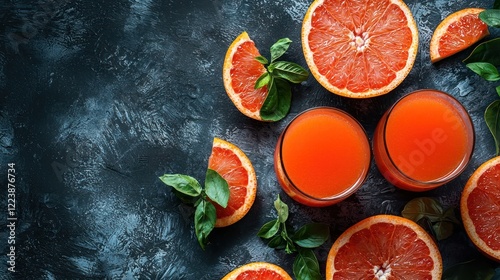 Obraz na płótnie Two glasses of vibrant grapefruit juice surrounded by fresh grapefruit slices w salonie
