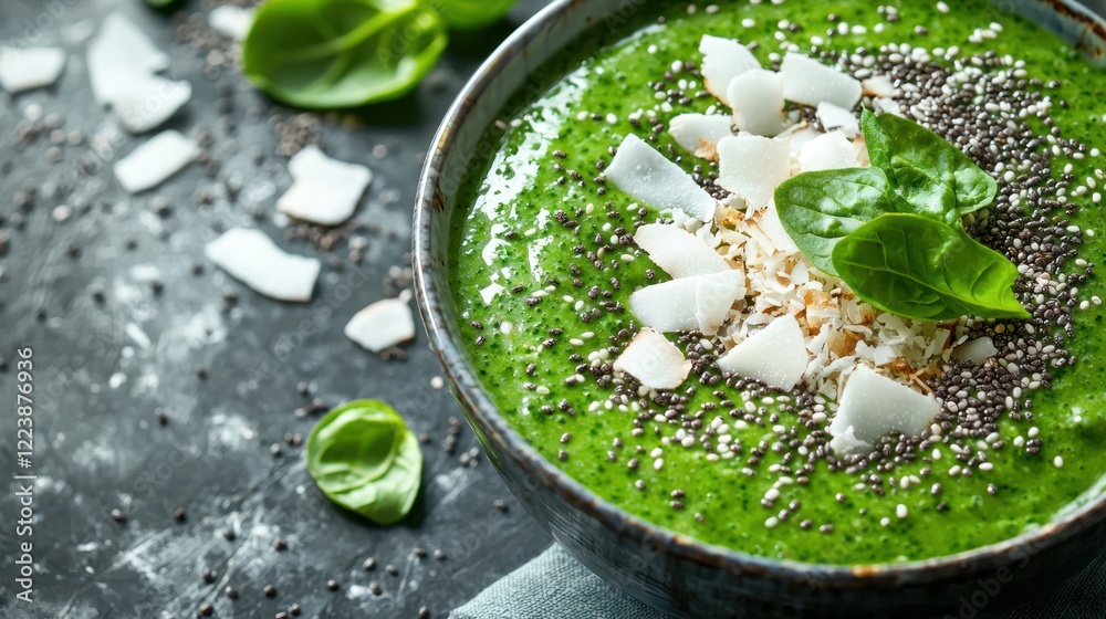 A close-up of a vibrant green smoothie bowl with chia seeds and coconut flakes