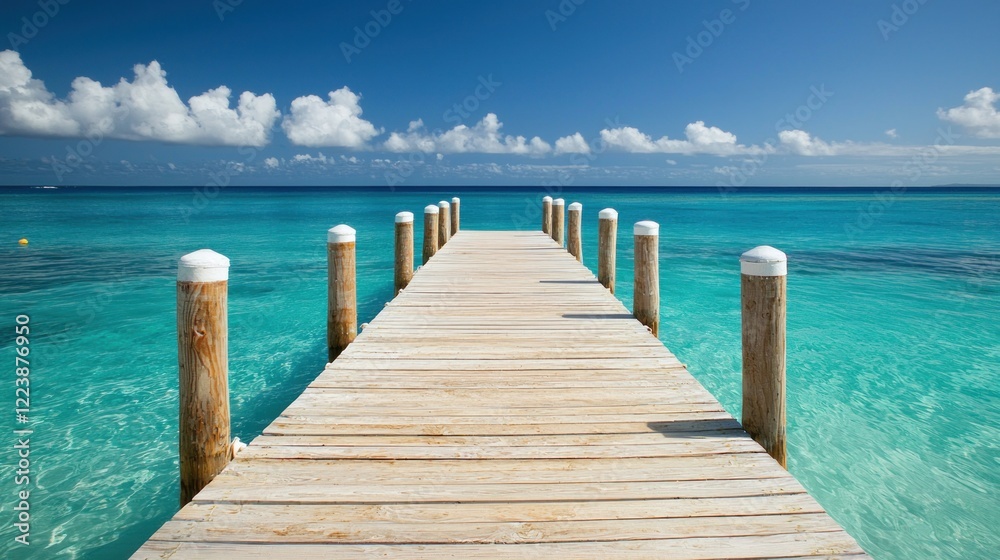 Fototapeta premium Serene Wooden Dock Extending into Turquoise Ocean Paradise